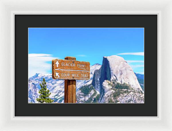 Glacier Point Sign and Half Dome in the Distance - Framed Print