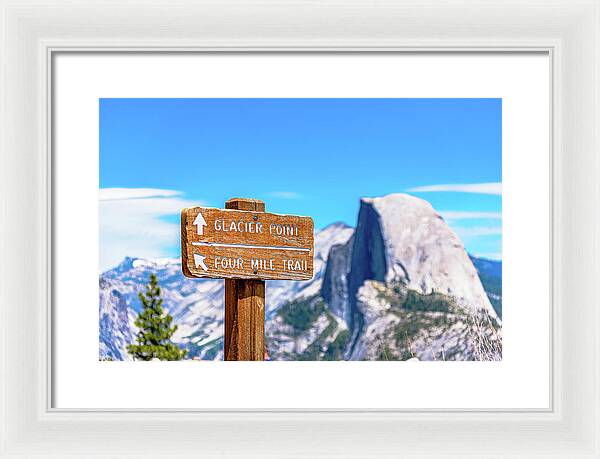Glacier Point Sign and Half Dome in the Distance - Framed Print