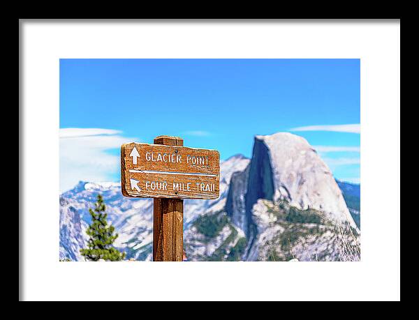 Glacier Point Sign and Half Dome in the Distance - Framed Print