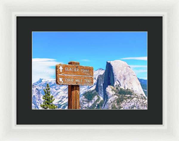 Glacier Point Sign and Half Dome in the Distance - Framed Print