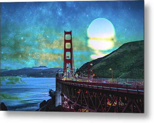 Golden Gate Bridge and Artistic Moon Landscape - Metal Print