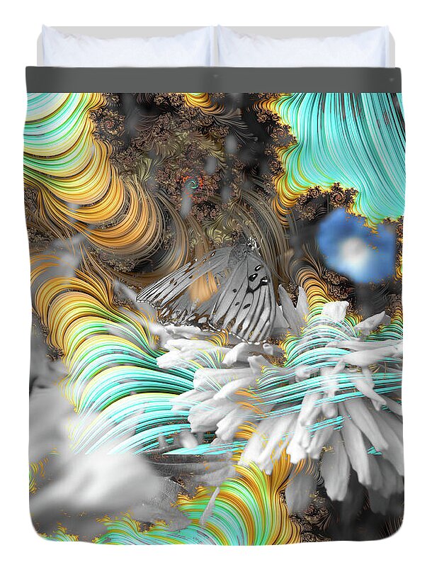 Light Blue Patterns in a Garden with FLower and Butterfly - Duvet Cover