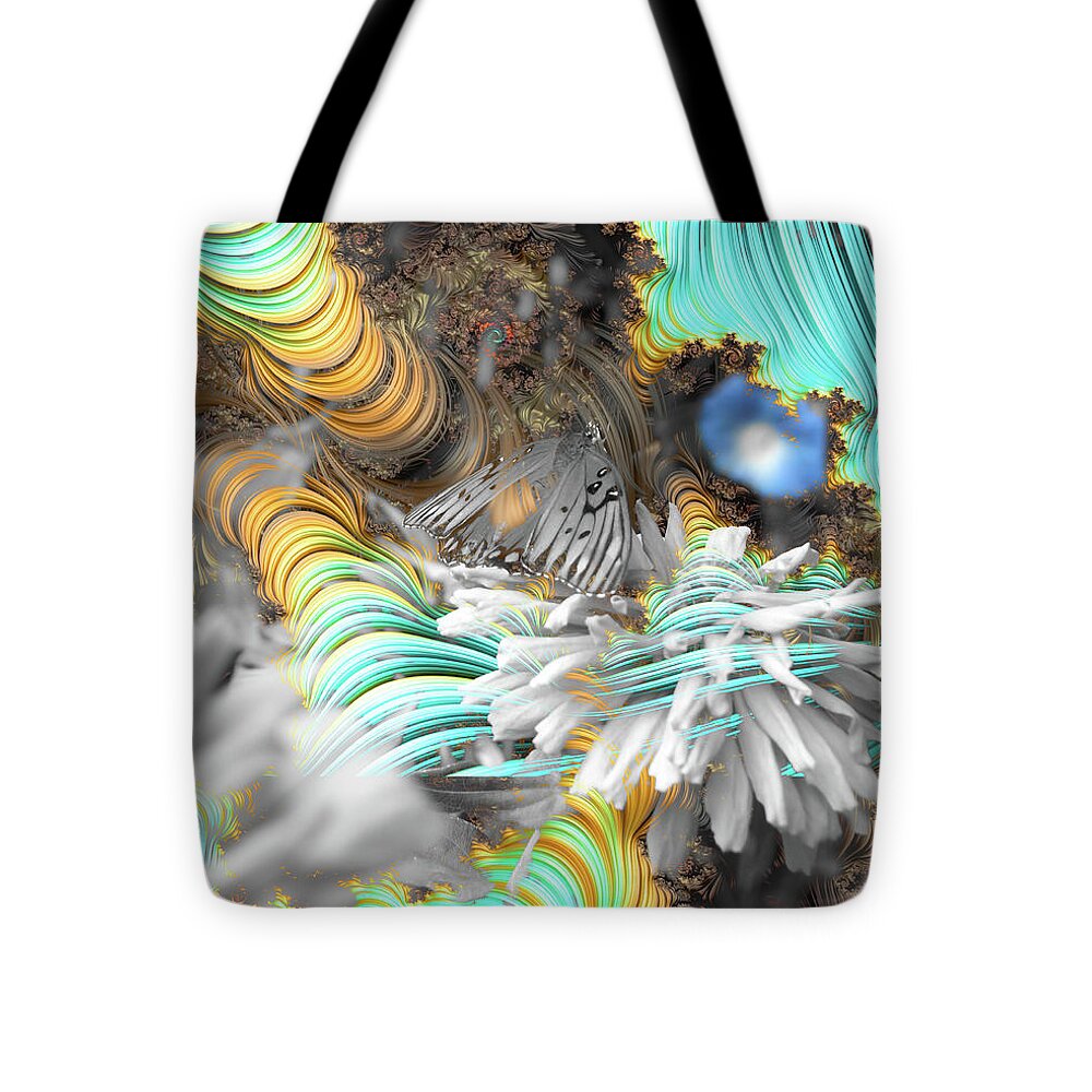 Light Blue Patterns in a Garden with FLower and Butterfly - Tote Bag