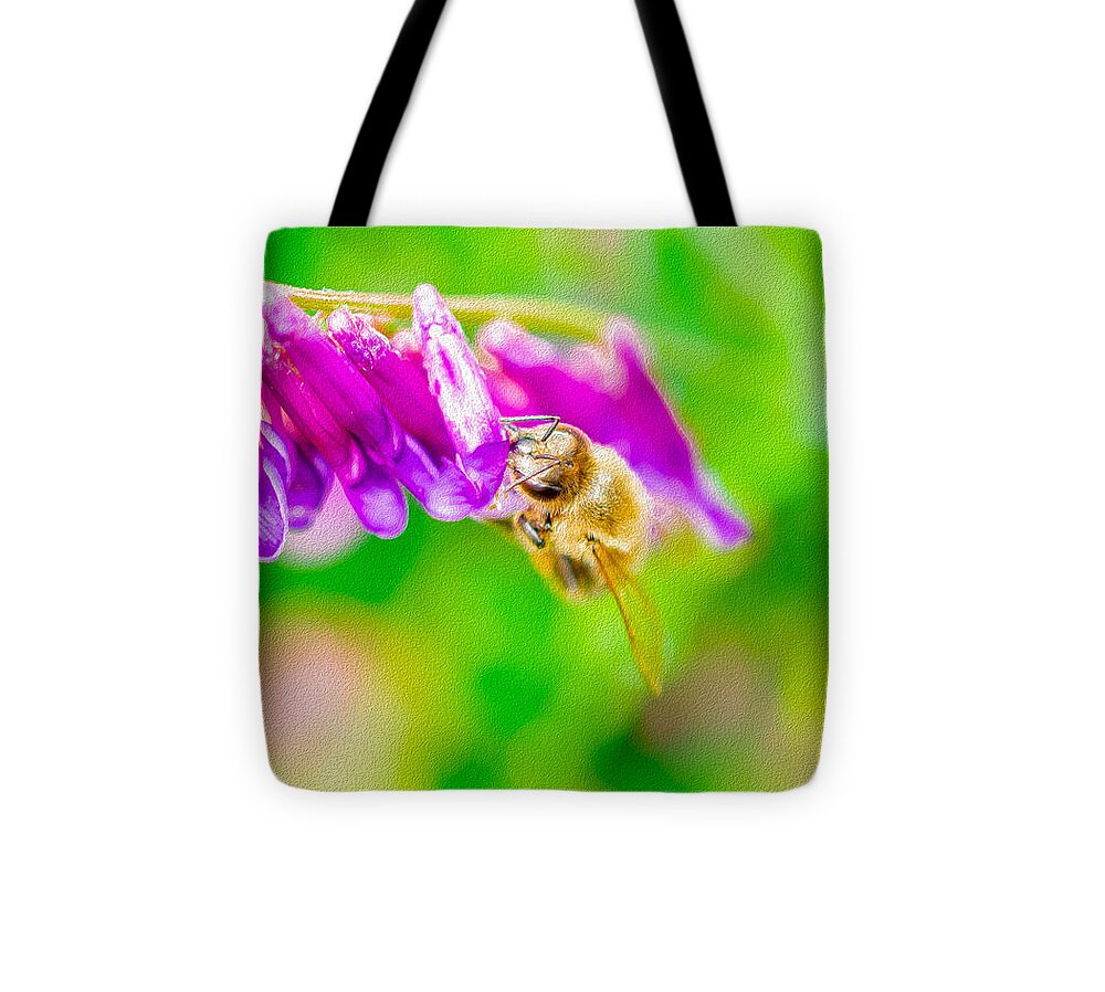 Macro Bee on a Purple Flower with Green Background - Tote Bag