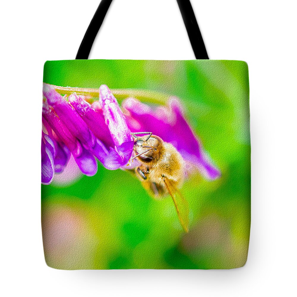 Macro Bee on a Purple Flower with Green Background - Tote Bag