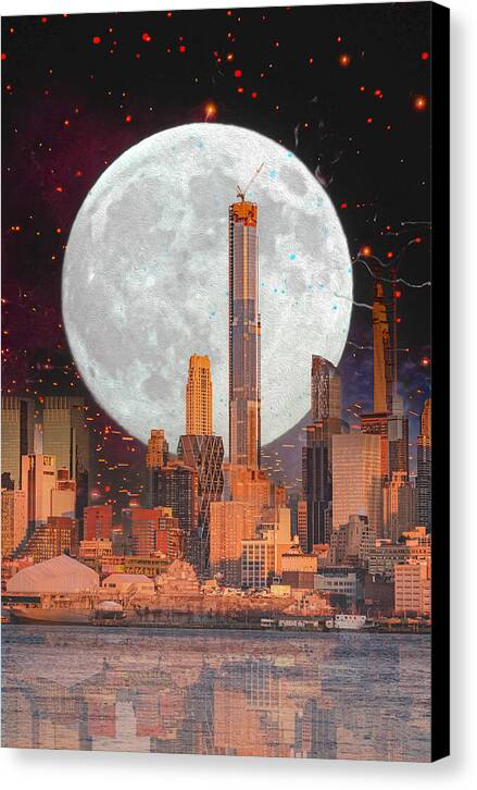 New York City and Big Moon Artistic Painting - Canvas Print