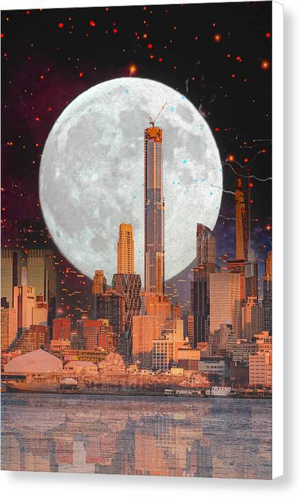 New York City and Big Moon Artistic Painting - Canvas Print