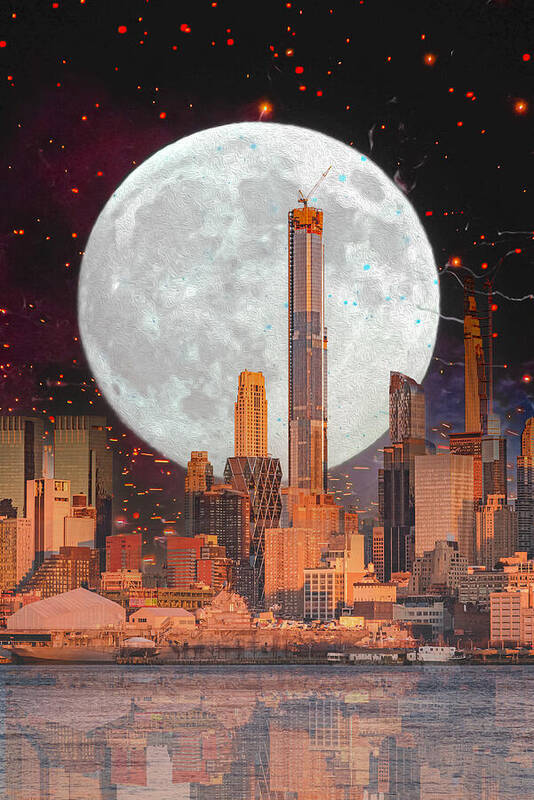 New York City and Big Moon Artistic Painting - Art Print