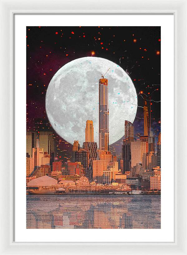 New York City and Big Moon Artistic Painting - Framed Print