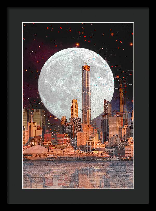 New York City and Big Moon Artistic Painting - Framed Print