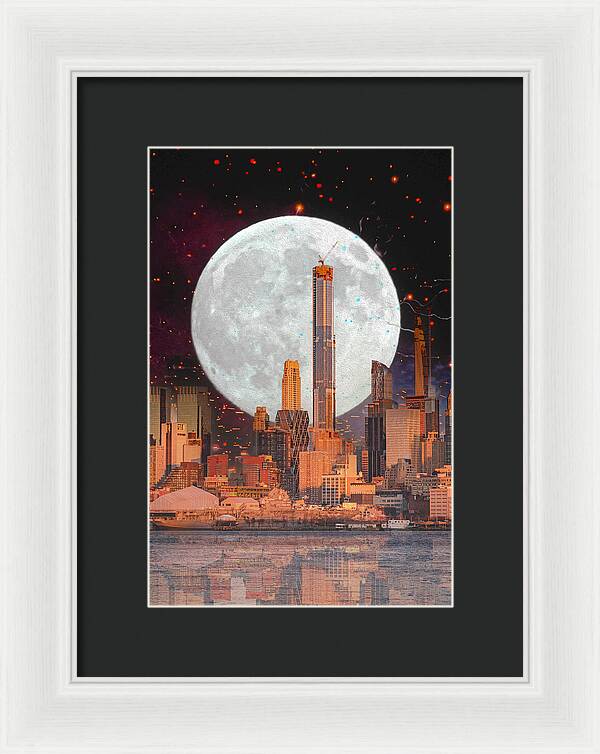 New York City and Big Moon Artistic Painting - Framed Print