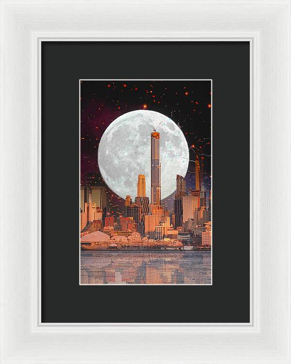 New York City and Big Moon Artistic Painting - Framed Print