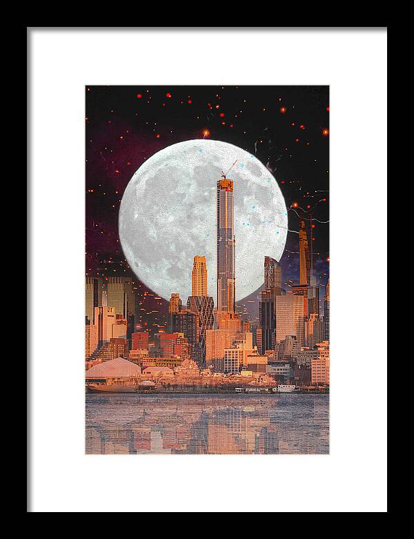 New York City and Big Moon Artistic Painting - Framed Print
