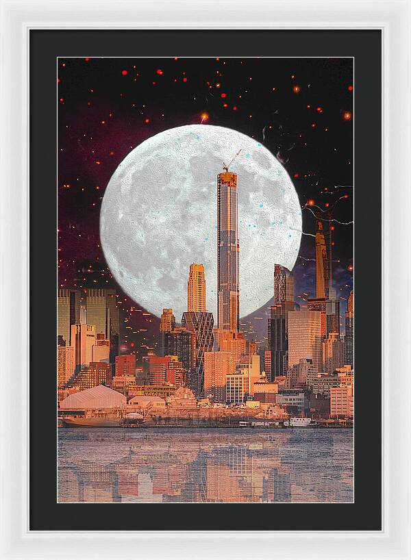 New York City and Big Moon Artistic Painting - Framed Print