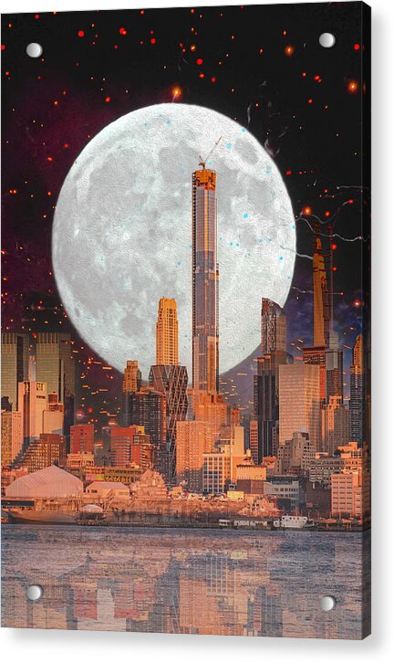 New York City and Big Moon Artistic Painting - Acrylic Print