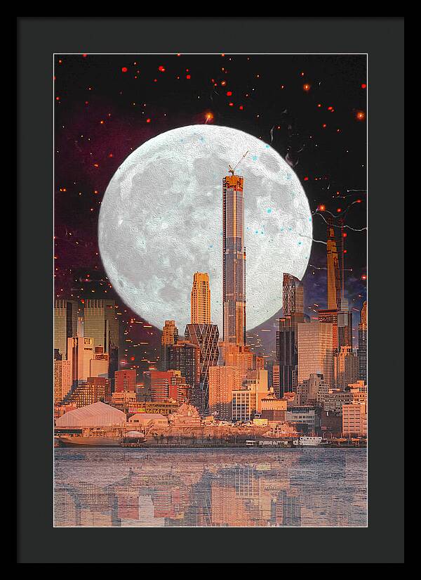 New York City and Big Moon Artistic Painting - Framed Print