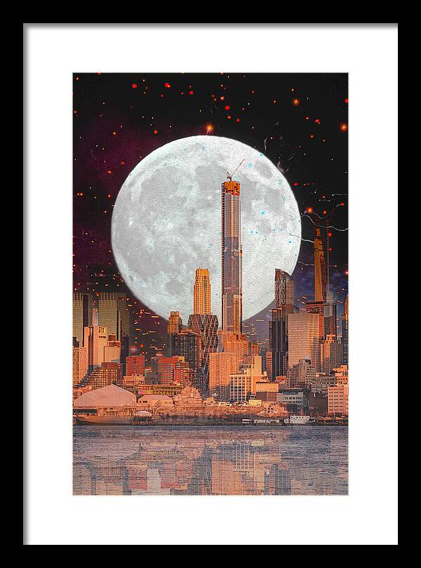 New York City and Big Moon Artistic Painting - Framed Print