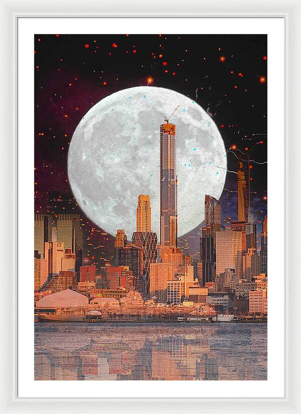 New York City and Big Moon Artistic Painting - Framed Print