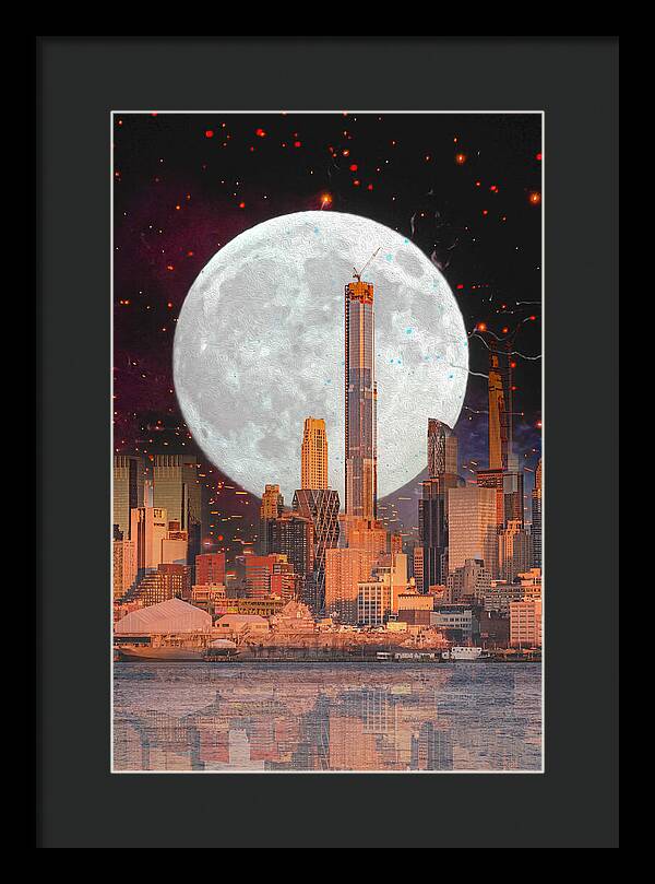 New York City and Big Moon Artistic Painting - Framed Print