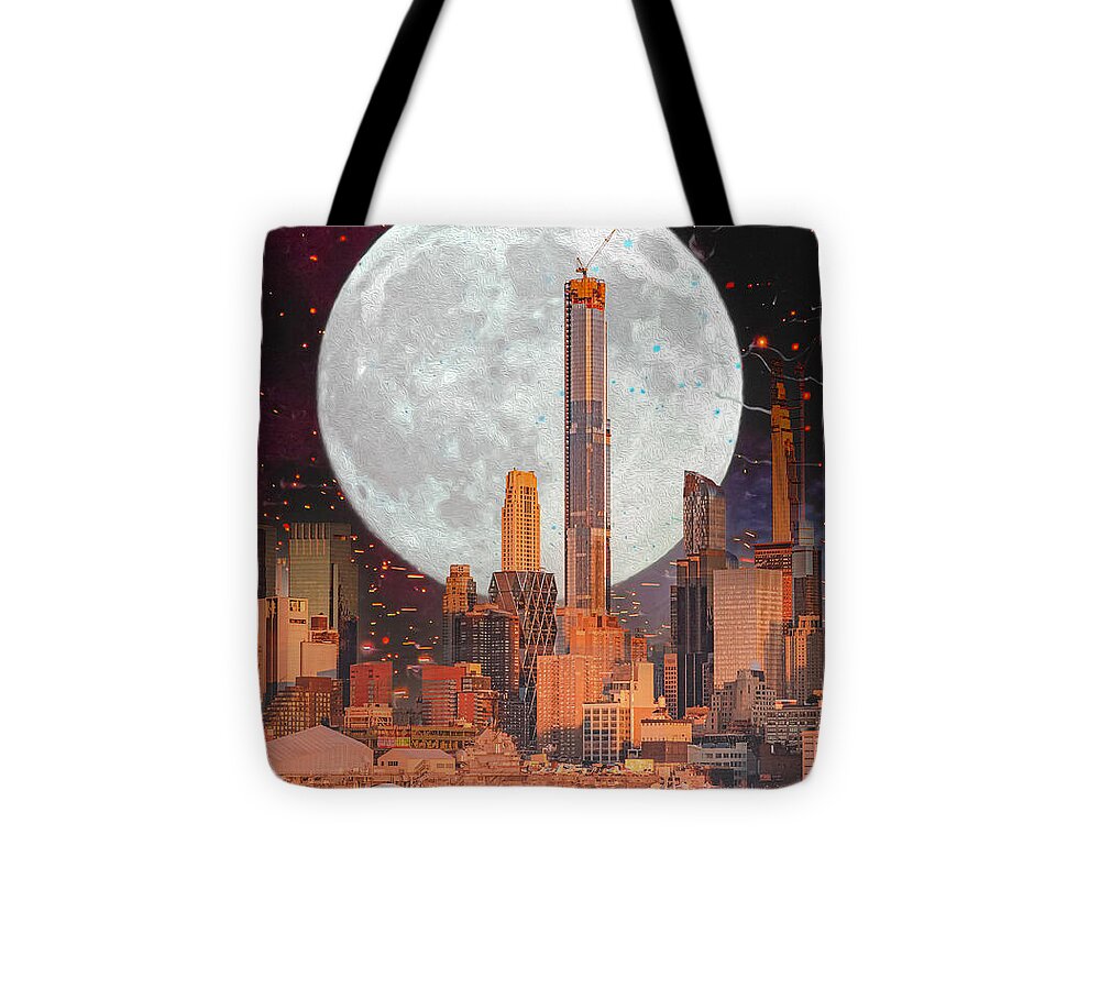 New York City and Big Moon Artistic Painting - Tote Bag