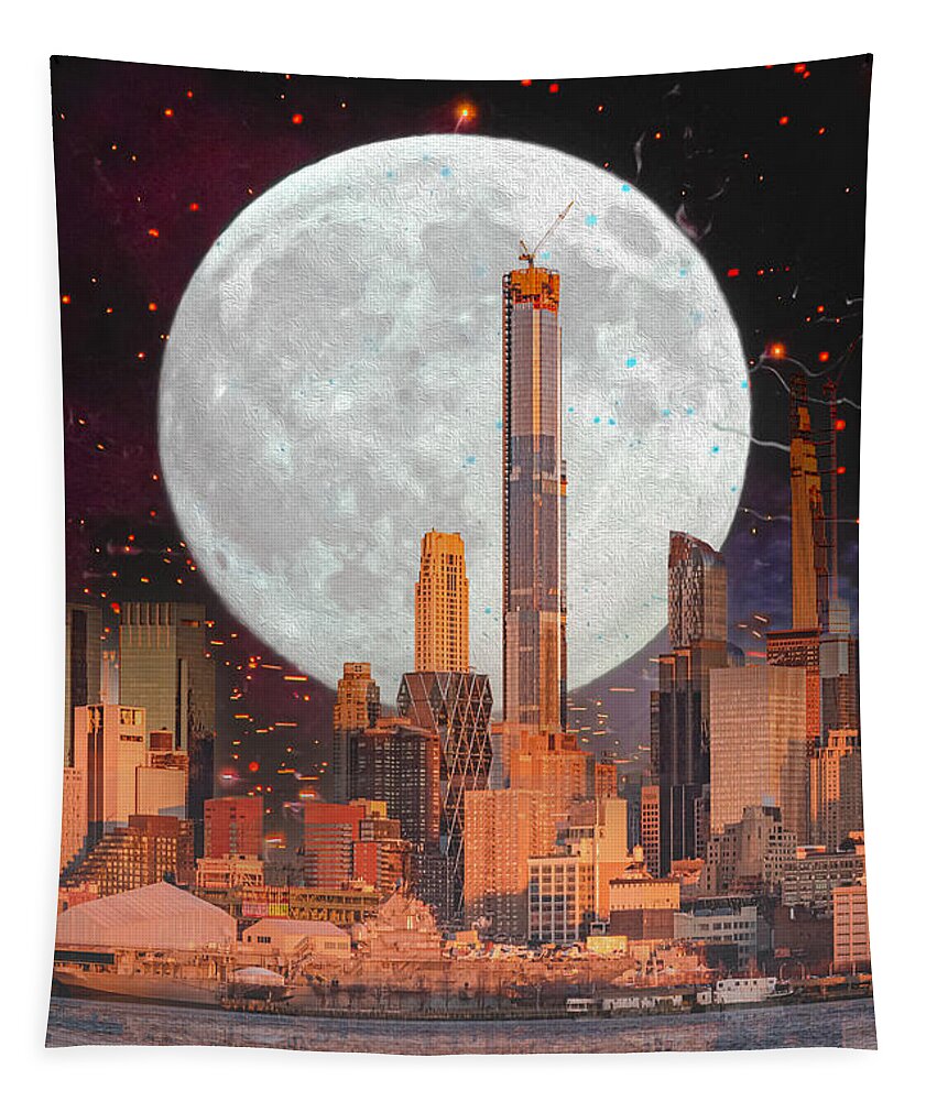 New York City and Big Moon Artistic Painting - Tapestry