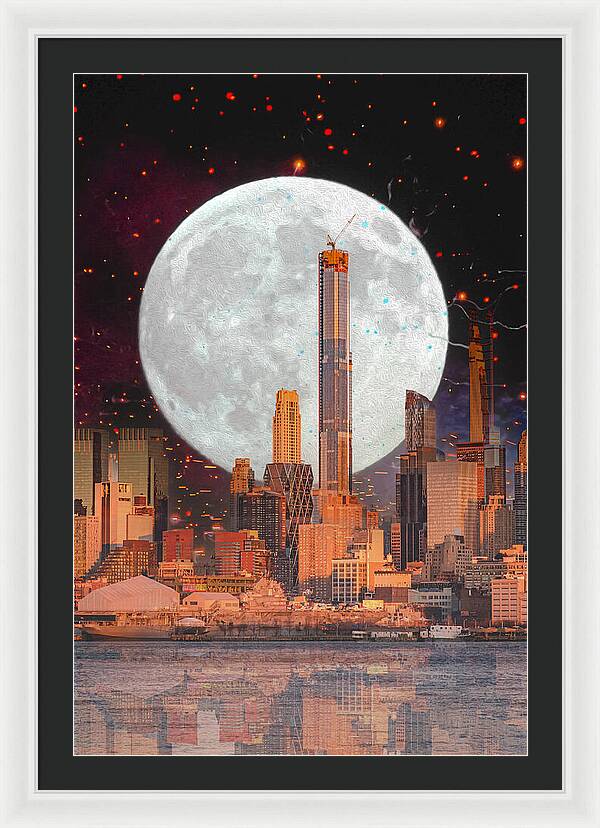 New York City and Big Moon Artistic Painting - Framed Print