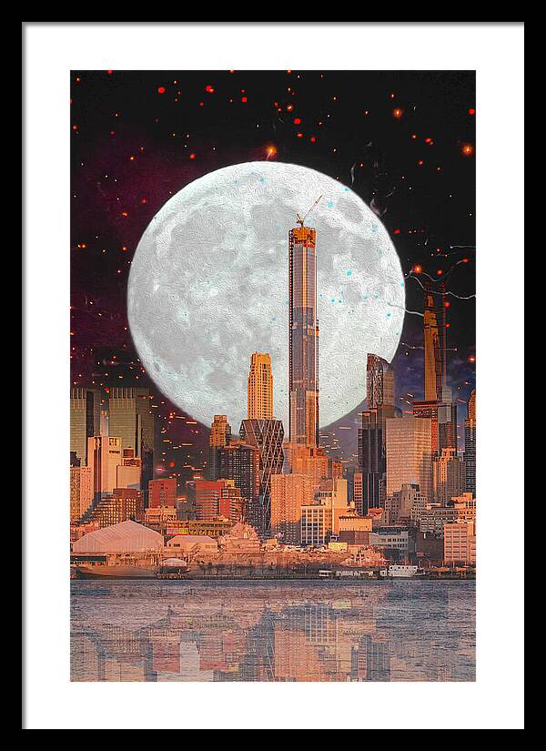 New York City and Big Moon Artistic Painting - Framed Print