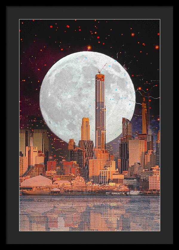 New York City and Big Moon Artistic Painting - Framed Print