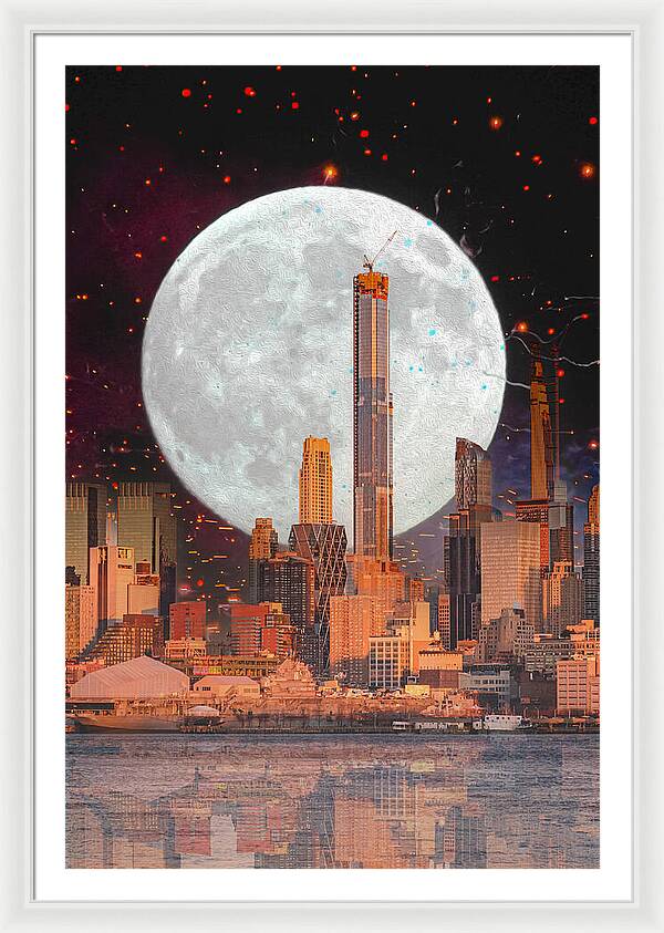 New York City and Big Moon Artistic Painting - Framed Print