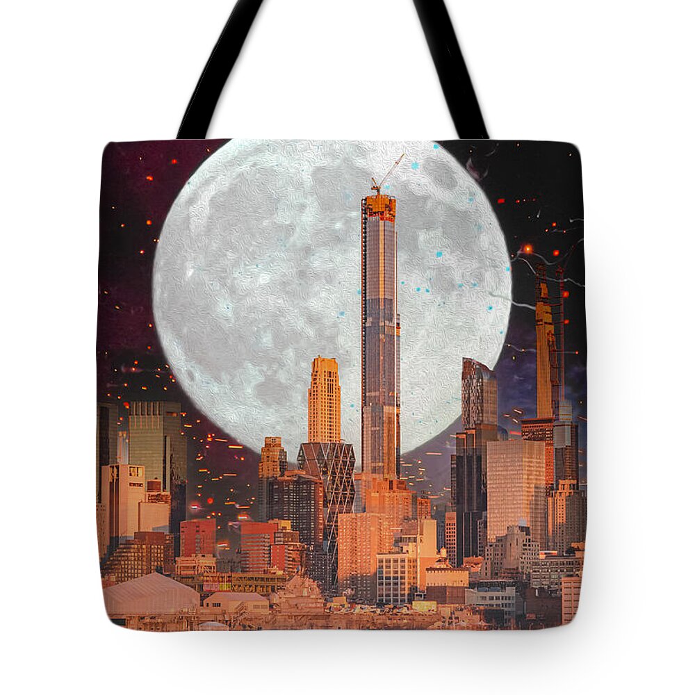 New York City and Big Moon Artistic Painting - Tote Bag
