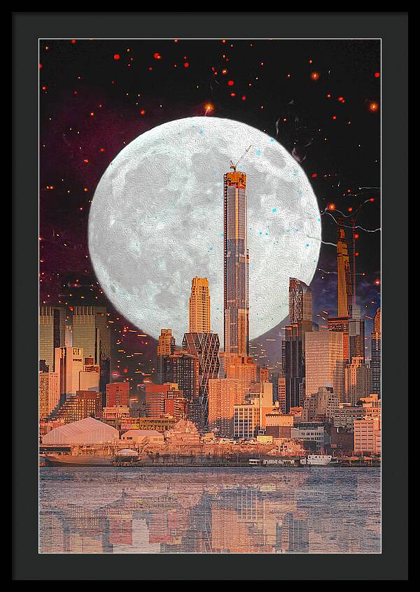 New York City and Big Moon Artistic Painting - Framed Print