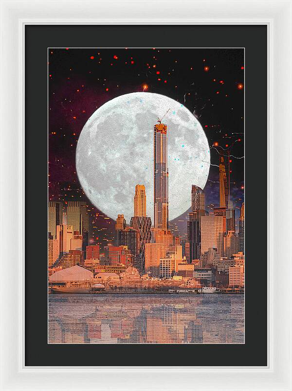 New York City and Big Moon Artistic Painting - Framed Print