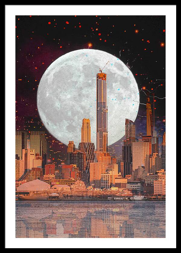 New York City and Big Moon Artistic Painting - Framed Print