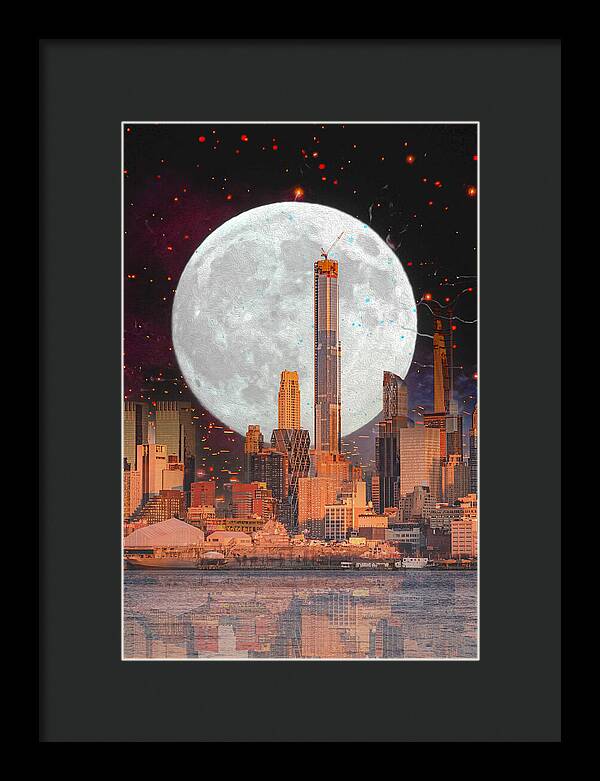 New York City and Big Moon Artistic Painting - Framed Print