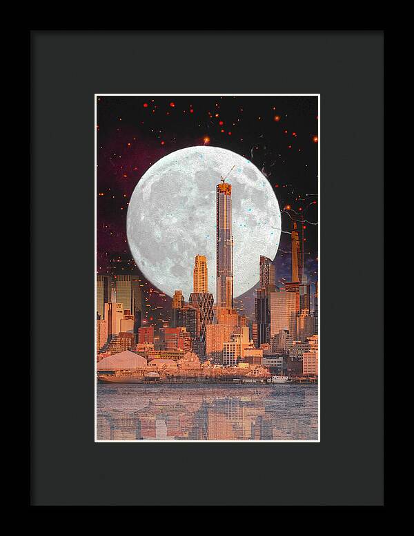New York City and Big Moon Artistic Painting - Framed Print