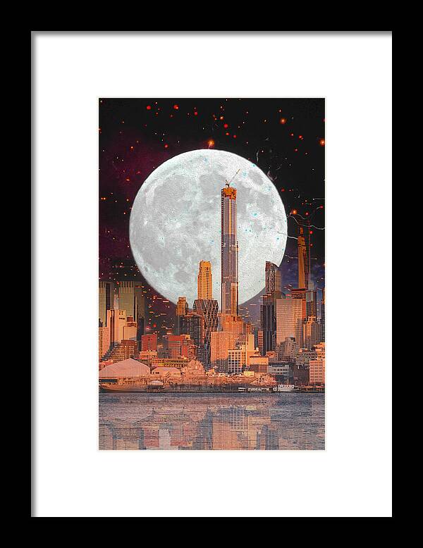 New York City and Big Moon Artistic Painting - Framed Print