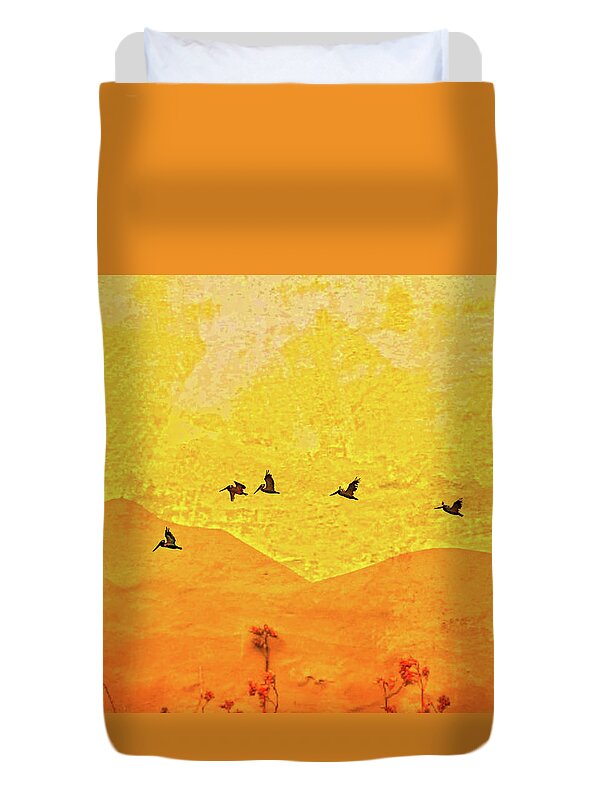 Orange bakcground and flying birds - Duvet Cover