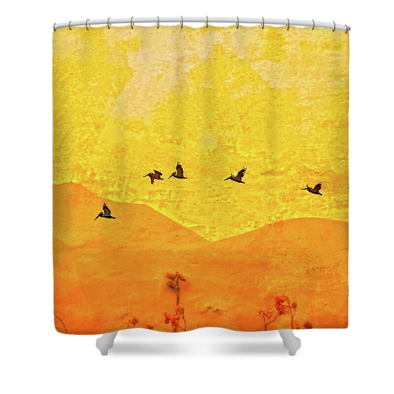 Orange bakcground and flying birds - Shower Curtain