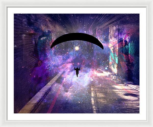 Paraglider Paragliding into another Galaxy - Framed Print
