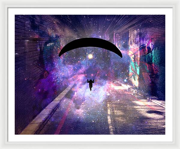 Paraglider Paragliding into another Galaxy - Framed Print