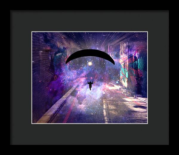 Paraglider Paragliding into another Galaxy - Framed Print