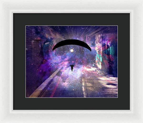 Paraglider Paragliding into another Galaxy - Framed Print