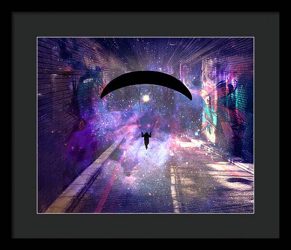 Paraglider Paragliding into another Galaxy - Framed Print