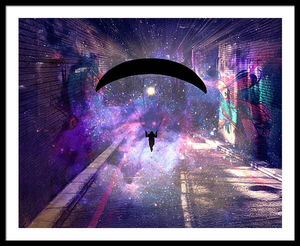 Paraglider Paragliding into another Galaxy - Framed Print
