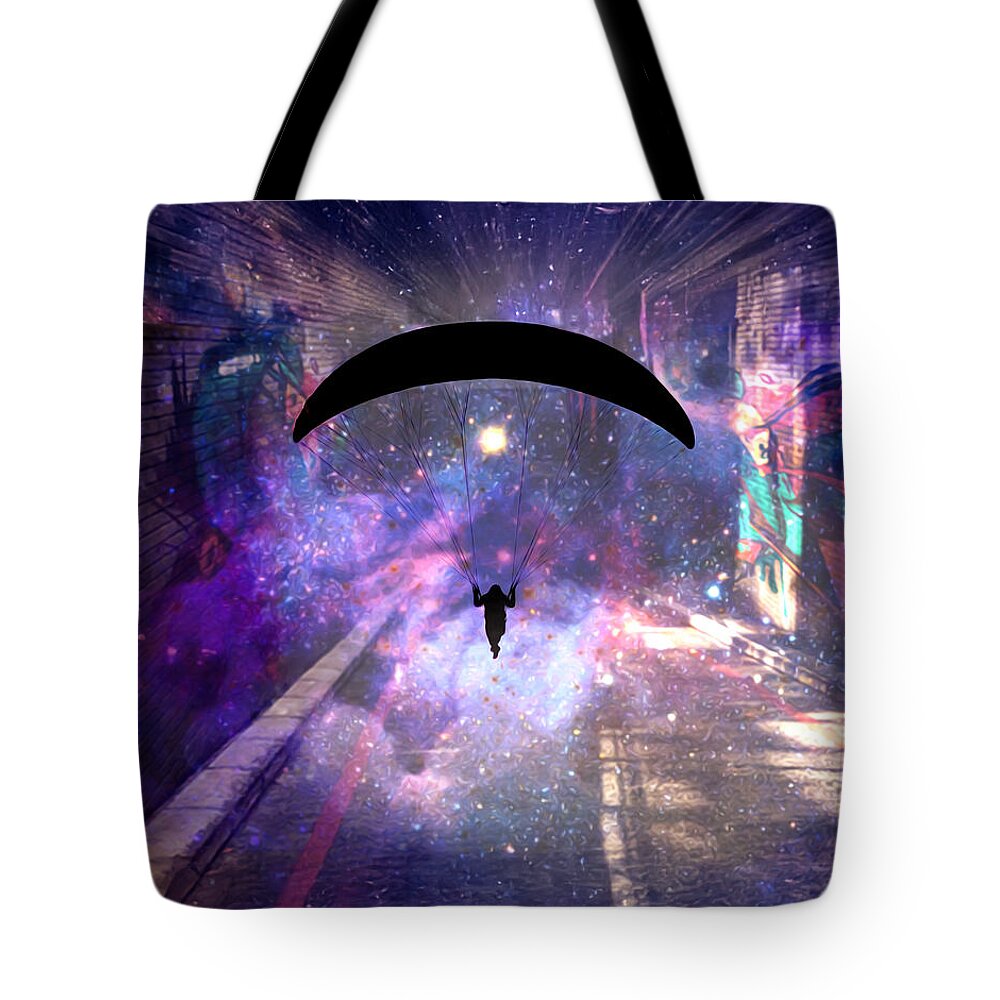 Paraglider Paragliding into another Galaxy - Tote Bag