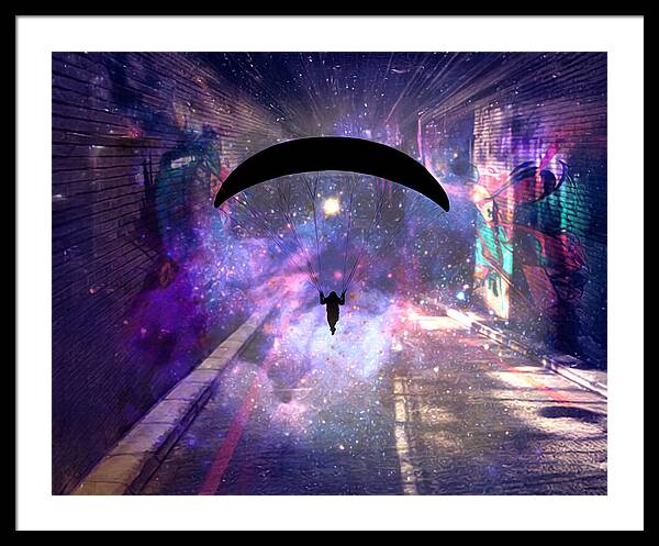 Paraglider Paragliding into another Galaxy - Framed Print