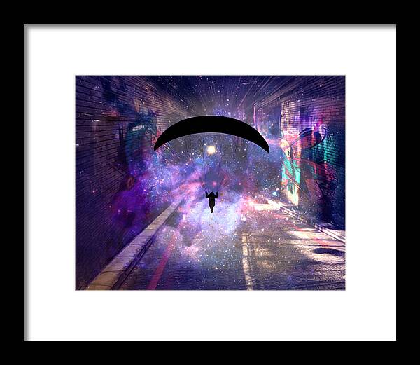 Paraglider Paragliding into another Galaxy - Framed Print