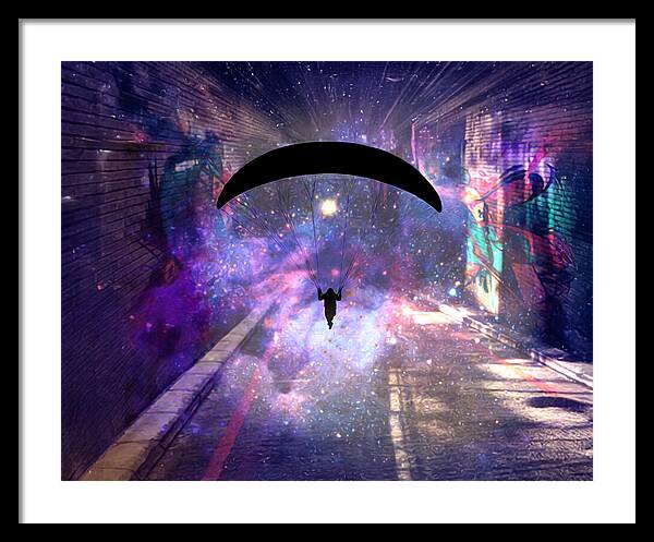 Paraglider Paragliding into another Galaxy - Framed Print