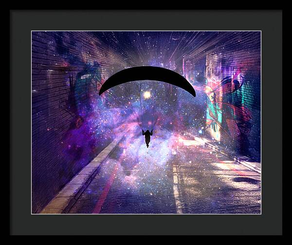 Paraglider Paragliding into another Galaxy - Framed Print