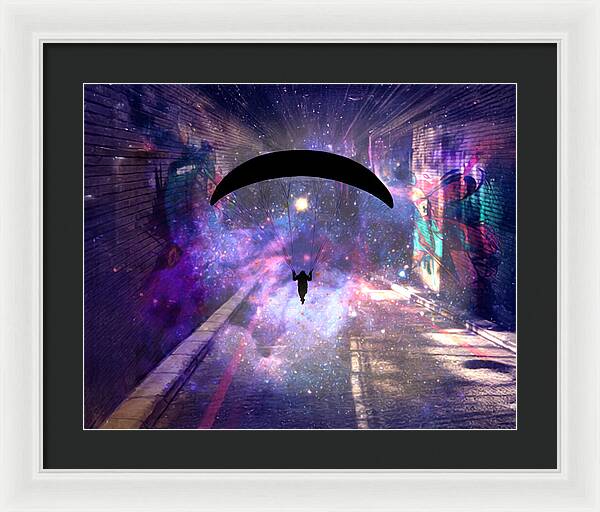 Paraglider Paragliding into another Galaxy - Framed Print